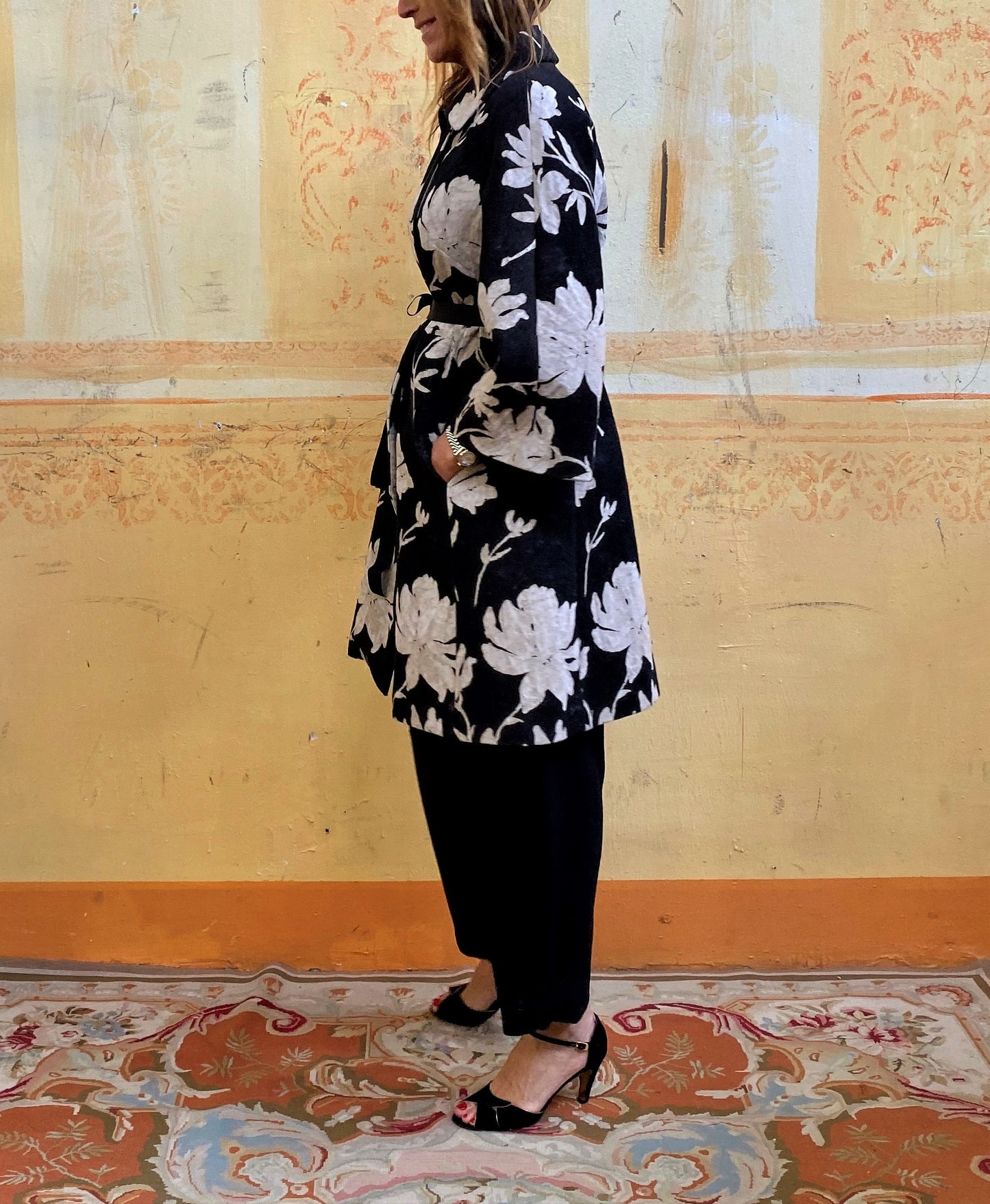 Cappotto Kimono Fiore grande black/white