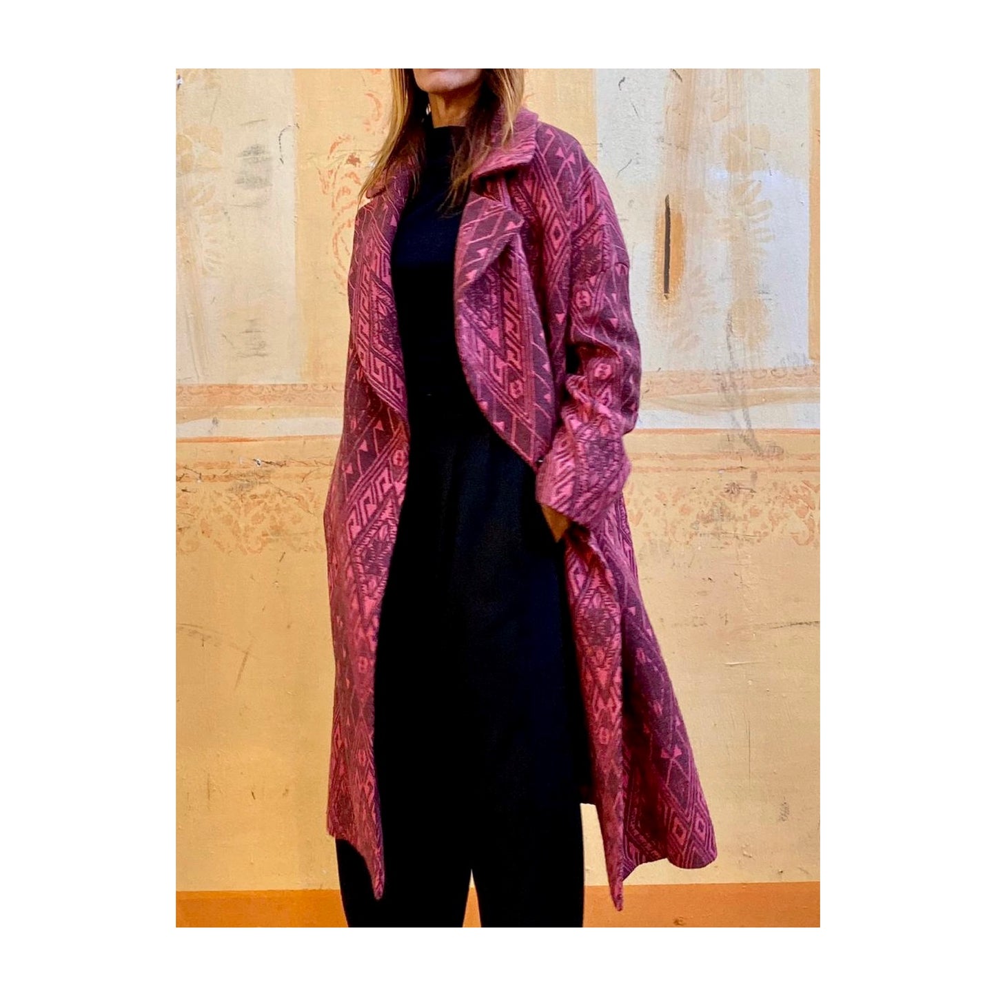 Cappotto lana/lino geometrico fuxia